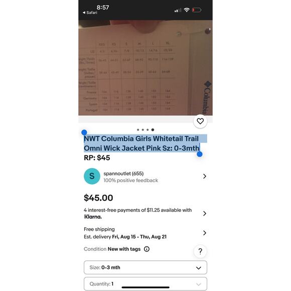 Columbia Girls Whitetail Trail Omni Wick Jacket 6-12M water & wind resistant - Picture 11 of 12